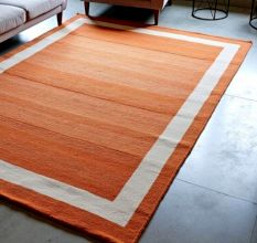 Hand Knotted Orange And Beige Wool Rug